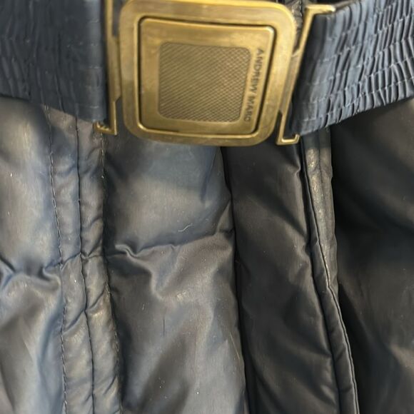 Andrew Marc Women’s Navy Blue Long Puffer Coat Hood Raccoon Fur Belted Waist XS - Picture 2 of 8